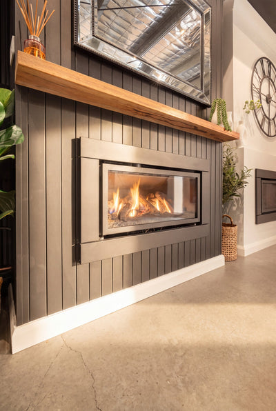 Illusion Luminar 3000 showroom display, angled view with timber mantel