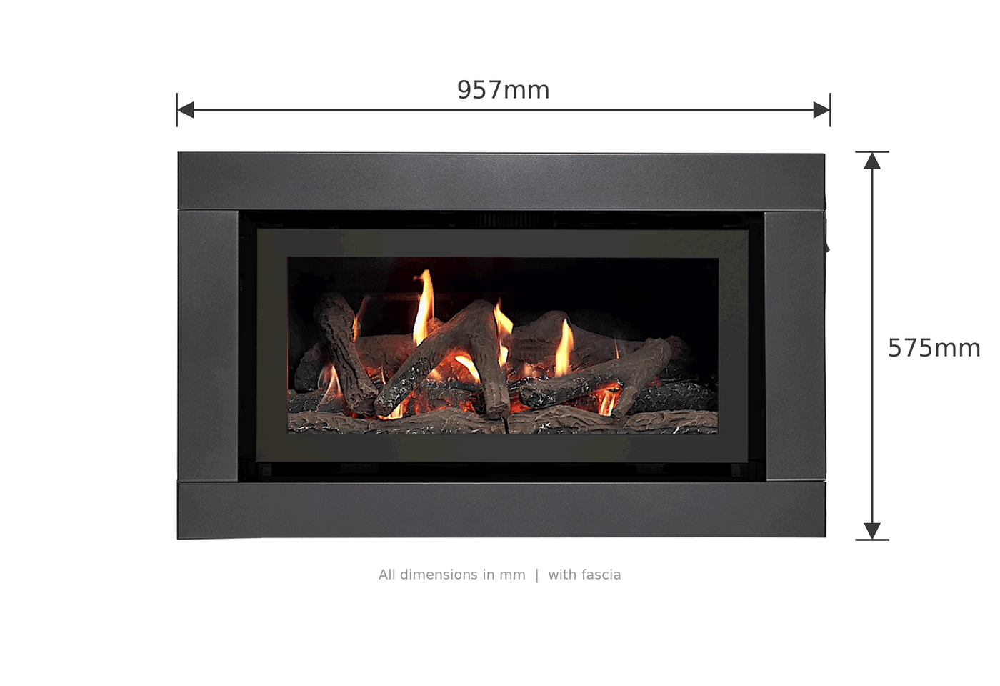 Illusion Luminar 2000 dimensions, 957mm wide by 575mm high with fascia